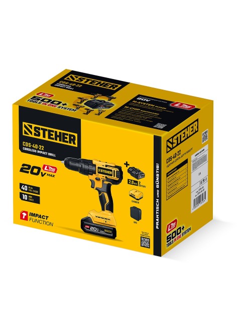 Ударная дрель-шуруповерт CDS-40-22 STEHER 20 В, 40 Н·м, 2 АКБ LMS (2 А·ч)