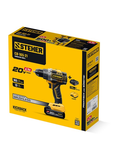 Дрель-шуруповерт CB-165-21 STEHER 20 В, 165 Н·м, 1 АКБ LMS (2 А·ч)