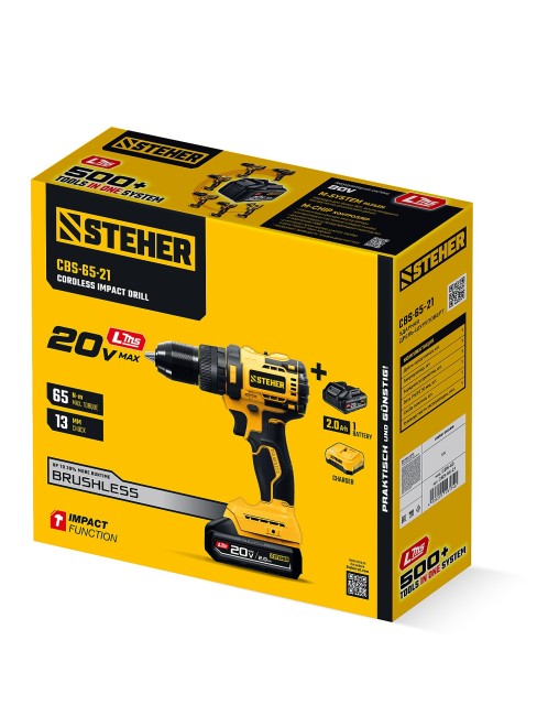 Ударная дрель-шуруповерт CBS-65-21 STEHER 20 В, 65 Н·м, 1 АКБ LMS (2 А·ч)