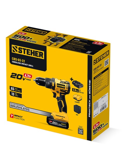 Ударная дрель-шуруповерт CBS-65-22 STEHER 20 В, 65 Н·м, 2 АКБ LMS (2 А·ч)