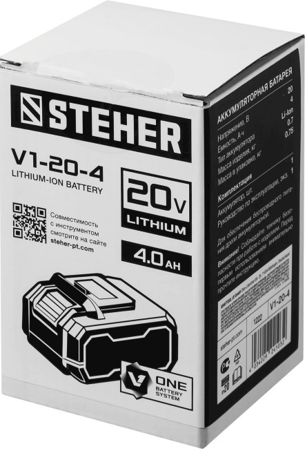 Аккумуляторная батарея V1-20-4 STEHER V1, 20 В, 4.0 Ач Аккумуляторная батарея V1-20-4 STEHER V1, 20 В, 4.0 Ач