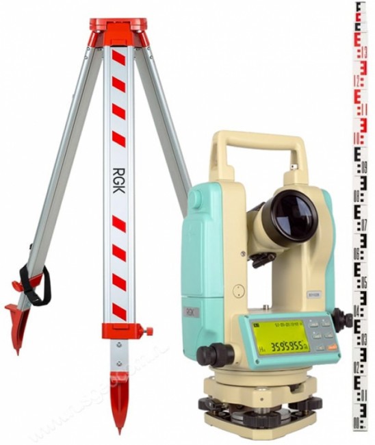 Комплект теодолит RGK T-02 (оптический отвес) штатив рейка - 3 в 1