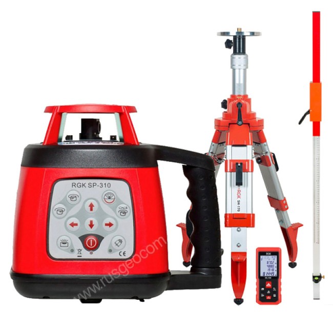 Комплект: ротационный нивелир RGK SP-310 + элевационный штатив RGK SH-170 + рейка RGK LR-2 + дальномер RGK DL100 Комплект: ротационный нивелир RGK SP-310 + элевационный штатив RGK SH-170 + рейка RGK LR-2 + дальномер RGK DL100