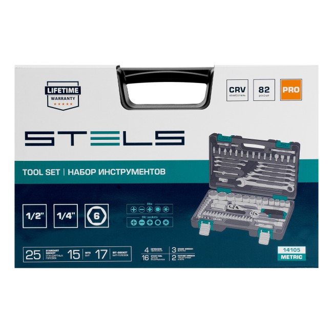 Набор инструментов 1/2", 1/4", CrV 82 предмета Stels Набор инструментов 1/2", 1/4", CrV 82 предмета Stels