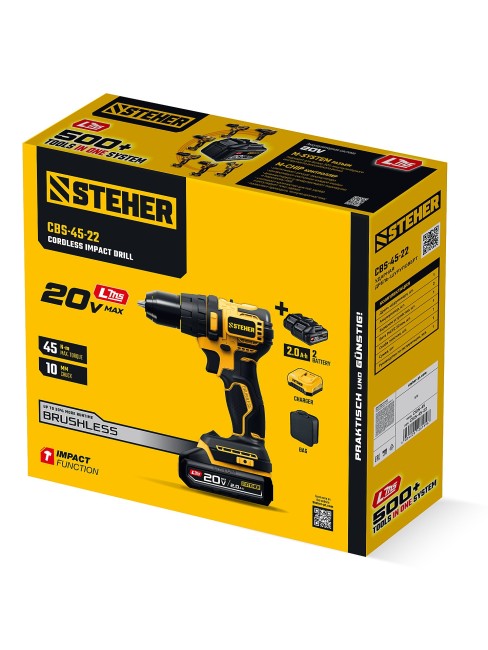Ударная дрель-шуруповерт CBS-45-22 STEHER 20 В, 45 Н·м, 2 АКБ LMS (2 А·ч)